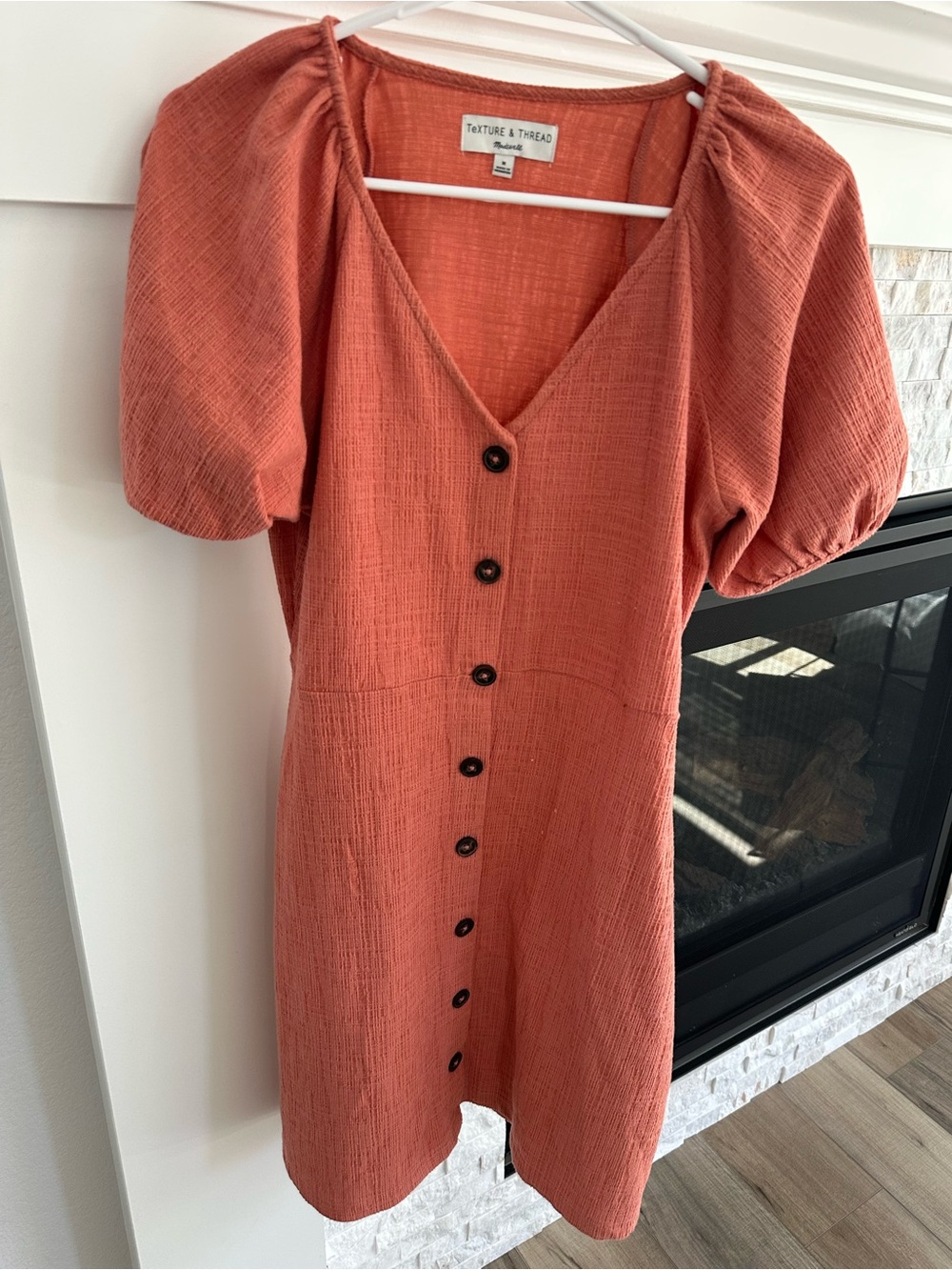 Madewell texture and thread Coral Button-Front Puff Sleeve Dress size M